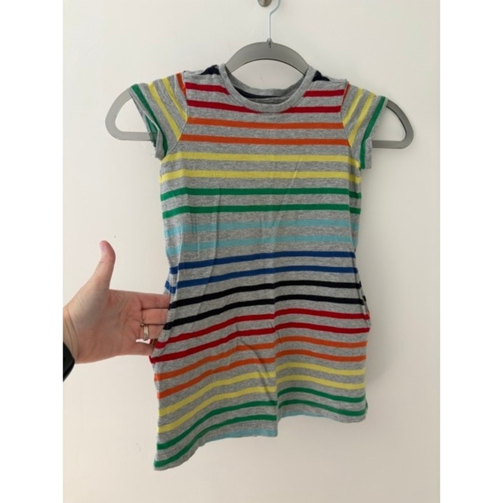 Primary Kids Rainbow Stripe Short Sleeve Pocket Dress Gray Multi 4-5Y